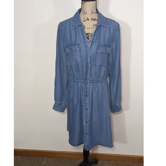 Style &Co Chambray Shirt Dress Pockets Buttons Collared Long Roll Tab Sleeve M - Picture 1 of 12